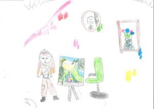 Otroška risbica z naslovom Slikarka