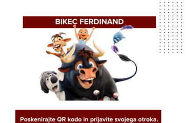 Na sliki je Bikec Ferdinand in ostali junaki iz risanke. Dodan je še napis: Poskenirajte QR kodo in prijavite svojega otroka.