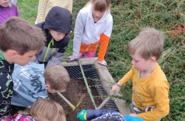 Otroci pripravljajo zemljo za sajenje.