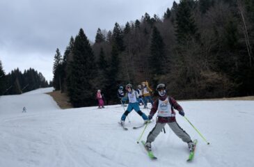 Učenci se "v plugu" spuščajo po snežnem pobočju.