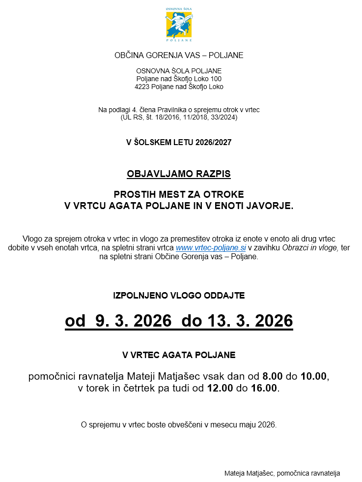 Besedilo vpisa v vrtec Agata za šplsko leto 2026/27